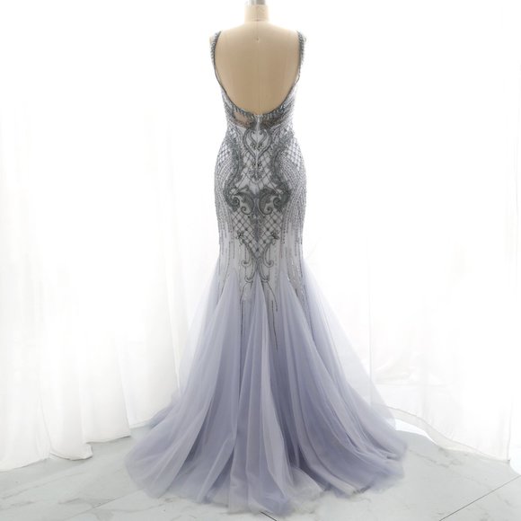 Mermaid Beaded Dusty Blue Prom Dress Luxury Formal Evening Gown - Picture 2 of 8